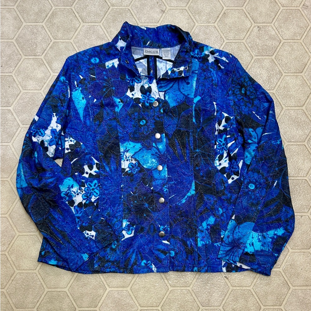 Women’s 2 Chico’s Vivid Blue Floral Pattern  Button Front Jacket
